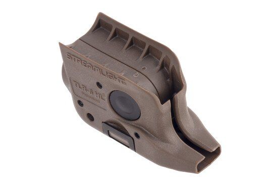 Polymer weapon light with matte FDE finish.